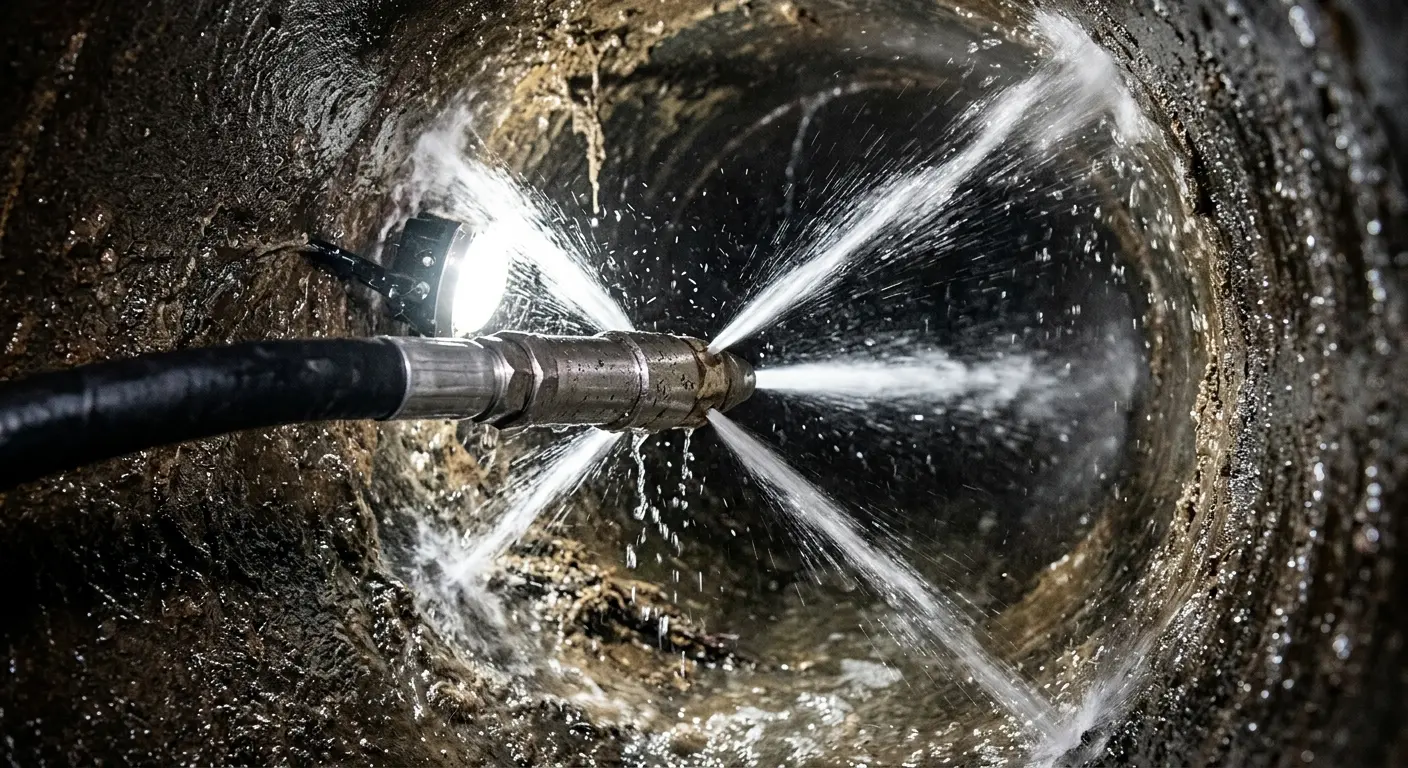 High-pressure hydro jetting nozzle cleaning sewer pipe for Sewer Cleanout in Florham Park