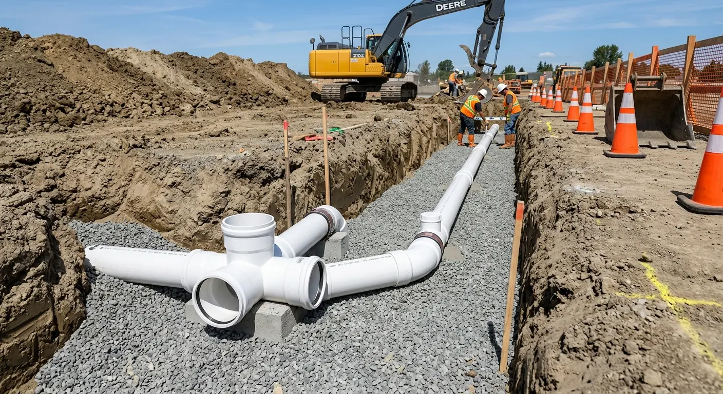 New PVC sewer pipe installation in open trench for Sewer Backup in Florham Park