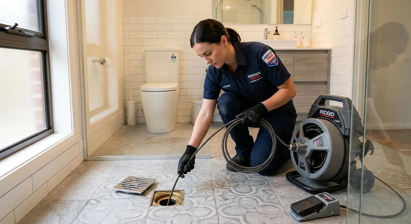 Technician clearing a bathroom floor drain for Sewer Line Replacement in Florham Park